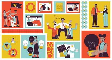 Team work diversity bento grid illustration set. Office job 2D image collage design graphics collection. Collaboration teamwork. Multicultural colleagues flat characters moodboard layout vector