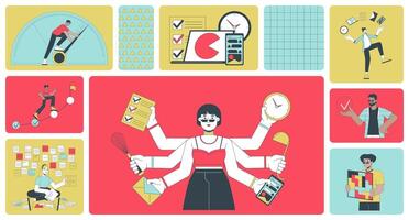 Productivity people bento grid illustration set. Office workflow 2D image collage design graphics collection. Task management. Busy multitasking employees flat characters moodboard layout vector