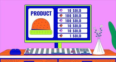 Warm hats selling analytics on pc monitor 2D linear illustration concept. Online craft clothes store running cartoon scene background. E commerce business metaphor abstract flat graphic vector