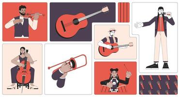 Music performance bento grid illustration set. Classical instruments playing concert 2D image collage design graphics collection. Musicians jazz performers flat characters moodboard layout vector