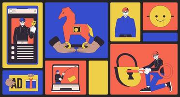 Cyber thefts bento grid illustration set. Steal scammers 2D image collage design graphics collection. Fraudster cyberattack. Hacker phishing, fraud identity flat characters moodboard layout vector