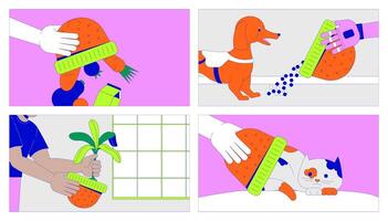 Finding new usage of hats cartoon flat illustration set. Knitted head accessory alternative functions 2D line character colorful background. Creativity scene storytelling image collection vector