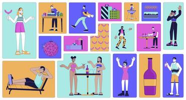 Multicultural people party bento grid illustration set. Clubbing disco dancing 2D image collage design graphics collection. Poolside millennial young adults flat characters moodboard layout vector