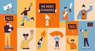 Protest demonstration bento grid illustration set. Free speech 2D image collage design graphics collection. Rebel activists diverse people with placards flat characters moodboard layout vector
