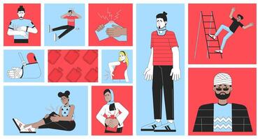 People with injuries bento grid illustration set. Painful accidents and treatments 2D image collage design graphics collection. Physical trauma adults flat characters moodboard layout vector