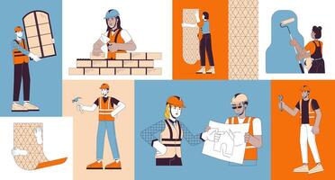 Construction workers on site bento grid illustration set. House builders 2D image collage design graphics collection. Apartment contractors diverse people flat characters moodboard layout vector