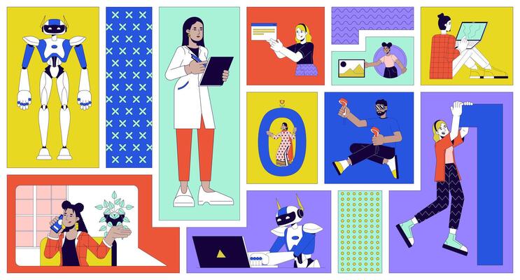 Software development people bento grid illustration set. Data scientist, programmers 2D image collage design graphics collection. Web developers multicultural flat characters moodboard layout