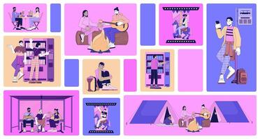 Spending evenings lo fi vibes bento grid illustration set. Bus stop, camping 2D image collage design graphics collection. Couple dates, leisure friends diverse flat characters moodboard layout vector