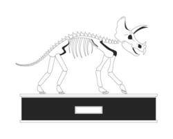 Triceratops exhibit black and white 2D line cartoon object. Dinosaur skeleton on display isolated outline item. Fossil exhibition. Paleontology museum monochromatic flat spot illustration vector
