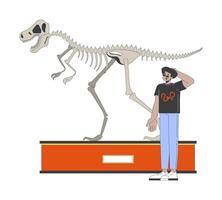 Hispanic man looking at tyrannosaurus rex fossil exhibit 2D linear cartoon character. Latino male isolated line person white background. Natural history museum tour color flat spot illustration vector