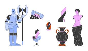 Ancient museum artifacts 2D linear cartoon objects set. Knight armor, mineral, vase, sculptures isolated line elements white background. Art exhibition color flat spot illustration collection vector