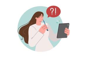 Thoughtful woman with tablet computer takes online test or fills out form on university website vector