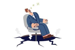 Lazy business man demonstrating inefficiency due to lack of motivation, sitting in chair over abyss vector
