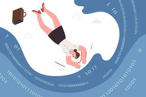 Woman programmer dives into sea of computer code as metaphor for learning programming languages vector