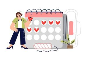 Menstruation calendar for woman tracking ovulation dates, standing near sanitary pad and tampon vector