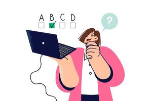 Woman thinks taking online test on laptop and chooses one of options offered by program vector