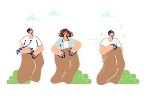 Sack race for business people participating in team building events to increase work productivity vector