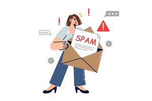Spam letter in hands of woman who received email message containing virus and malware vector