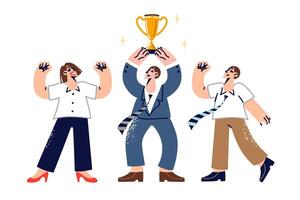 Team business people with winning cup rejoices at receiving expensive trophy symbolizing leadership vector