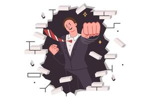 Overcoming obstacles by ambitious business man breaking down wall on way to achieving goal vector