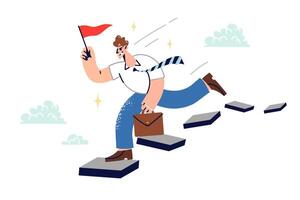 Man leader strives to achieve business goals and success, running along steps high in sky vector