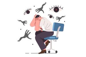 Paranoia and panic attack cause fear in business man, sitting among hands of monsters vector