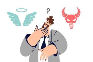 Choice between good and evil for business man trying to make decisions about management methods vector