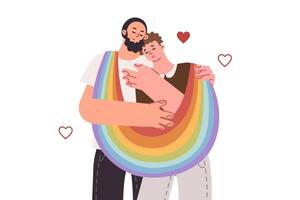 Two gay men in love with LGBT flag hugging while inviting them to parade in honor of pride month vector
