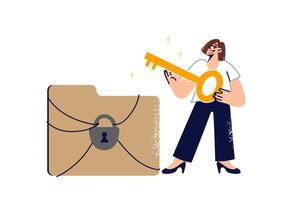 Woman care of security of storing sensitive information, locking folder with documents with key vector