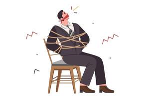 Bound and gagged business man has become hostage to bad employer who forbids to leave workplace vector
