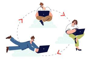 Cloud communication for business people to speed up work and exchange information via laptops vector