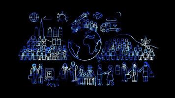 Glowing looping World Population Global initiatives for population health. neon frame effect, black background. video