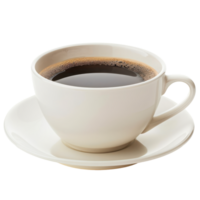 Close-up of steaming cup of black coffee in white cup and saucer png