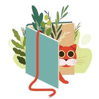 Open book fantasy illustration. Ginger cat walking out from opened book with forest plants and green lush. Plants growing from open book vector