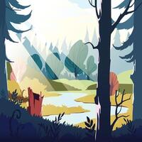 Forest scene with sunlit meadow. Sunny glade with evergreen forest and colorful bushes and plants vector