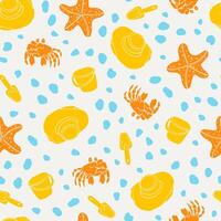 Fun beach themed seamless pattern with a crab, hat, bucket, shovel and pebbles. Wrapping paper, textile design. vector
