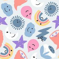 Cute fun weather symbols seamless pattern. Cartoon style fun back to school repeat pattern in pastel colours. vector