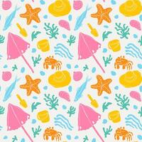Bright fun beach themed seamless pattern with a crab, beach umbrella, bucket, seaweed and other coastal elements. vector