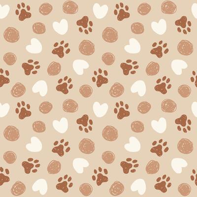 Animal paw seamless pattern. Cat, dog footprint repeat pattern with texture in black and white. Hand drawn paw print background.