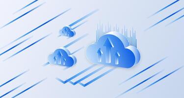 Cloud computing technology isometric concept. Storage for download, upload data. Cloud and arrows data transmission vector