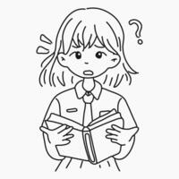 a girl is reading a book with a question mark coloring page vector