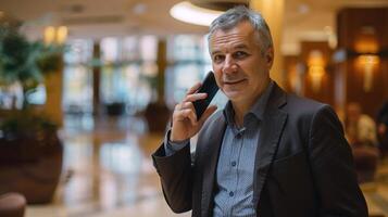 Man in formal attire conversing on mobile phone in foyer photo