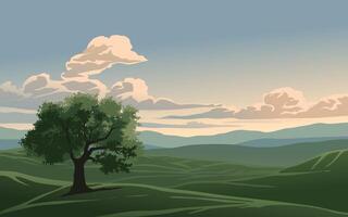 Sunrise landscape with a tree and meadow vector