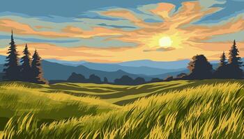 Dramatic sunset over grass field with mountains and forest vector