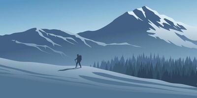 A man walking on the snow with mountain in the background vector