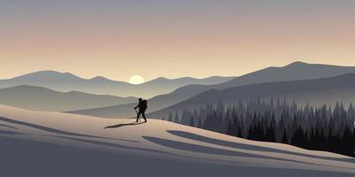 A man walking on the snowy mountain with mountains and sunset in the background vector