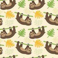 Funny sloth on a green background with leaves and dots. vector
