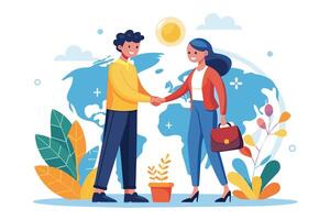 Smiling Businesspeople Shaking Hands in Front of a World Map vector