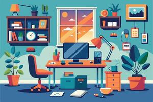 Modern Home Office With Desk, Computer, and Sunset View vector