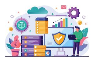 Secure Data Management Illustration Featuring Person Working on Laptop vector